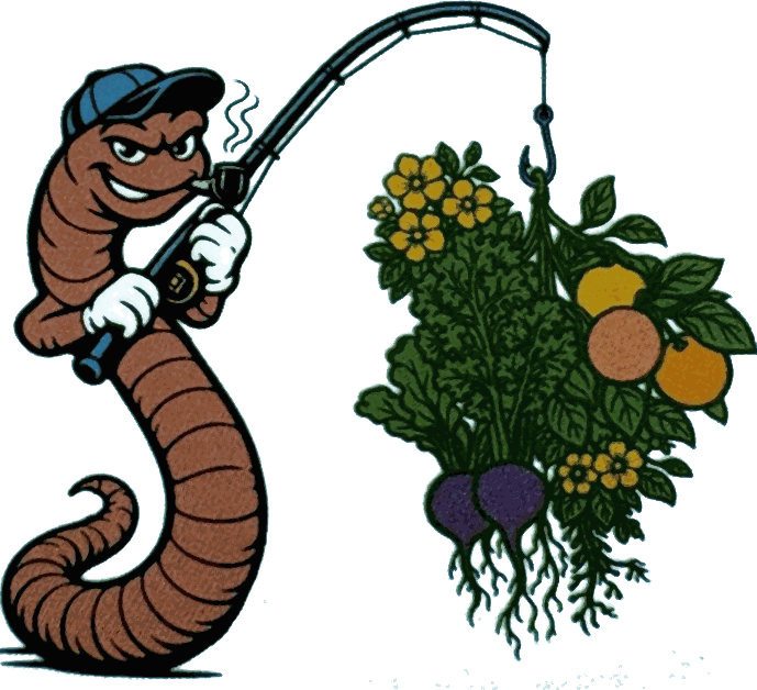 Captain Jim's mascot: a worm in a ball cap casting a fishing line that hooks a bundle of garden produce